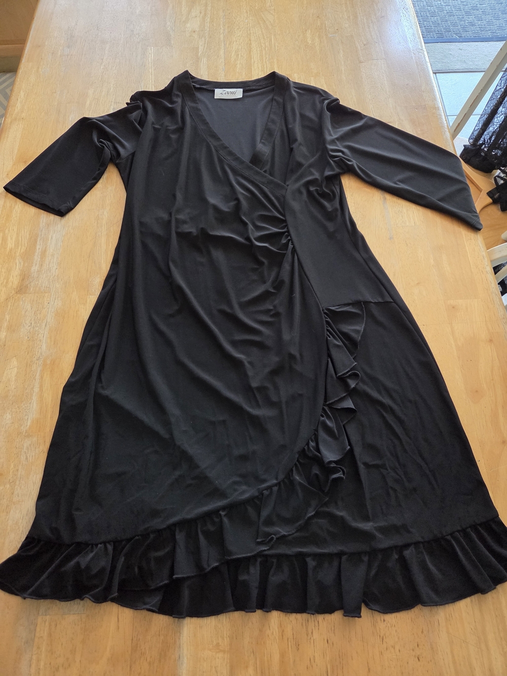 Wrap-Front Black Ruffle Midi Dress